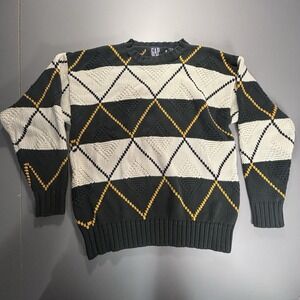 Vintage GAP Chunky Knit Cotton Sweater Men's Size L Green Cream  Diamond Pattern